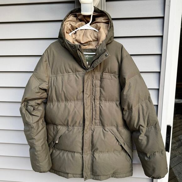 Eddie Bauer size LT Goose Down EB650 Fill Power Hooded Puffer Jacket Army Green - Picture 1 of 16